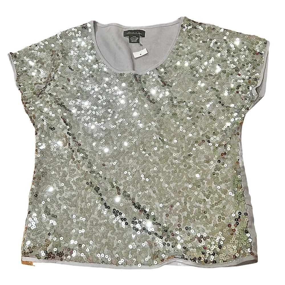 Sparkly Silver Sequin Shortsleeved Top by Seductions - New Size Medium 💍 - Picture 4 of 12